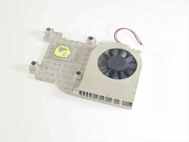 Gateway Solo 5300 heatsink and cooling fan assembly P/N 8005428 — top/front view showing aluminum heatsink body and integrated blower fan with wire harness