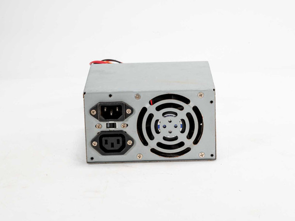 Dynapower 250W AT power supply — straight rear panel close-up showing IEC AC inlet, IEC outlet, voltage selector, and fan grille