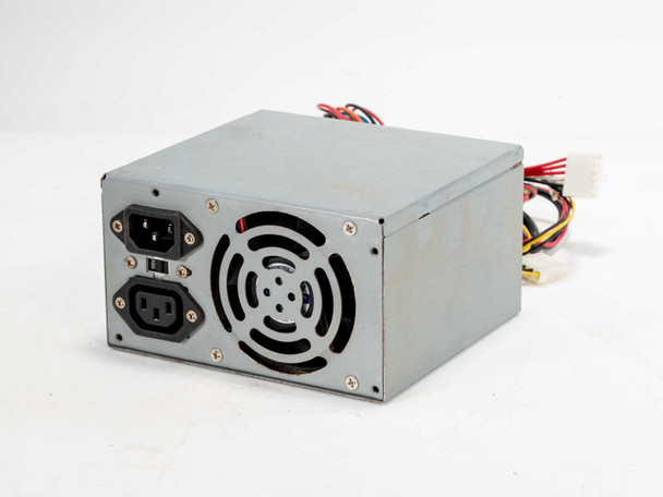Dynapower 250W AT power supply — rear panel view showing dual IEC connectors, rocker voltage selector switch, and fan grille