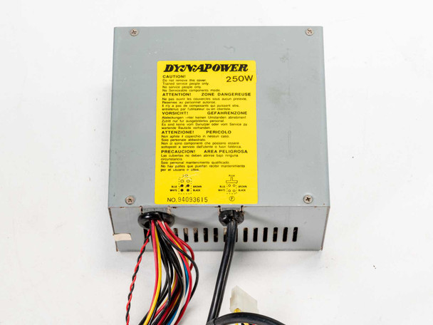 Dynapower 250W AT power supply — bottom label view showing Dynapower branding, 250W rating, safety warnings in multiple languages, and part number 94093615