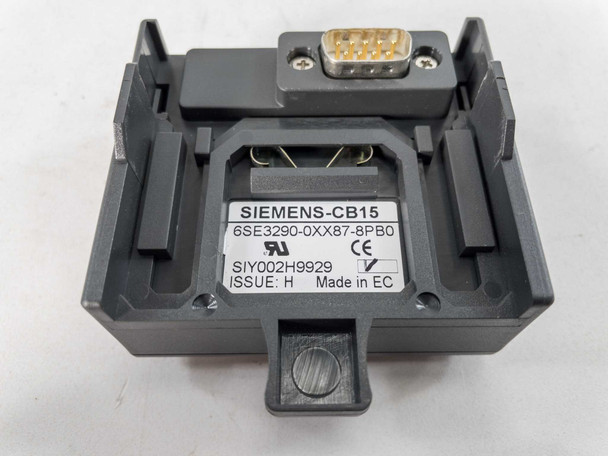 Siemens CB15 PROFIBUS module bottom label showing part number 6SE3290-0XX87-8PB0, Issue H, SIY002H9929, UL and CE markings, Made in EC, and male DB15-style backplane connector