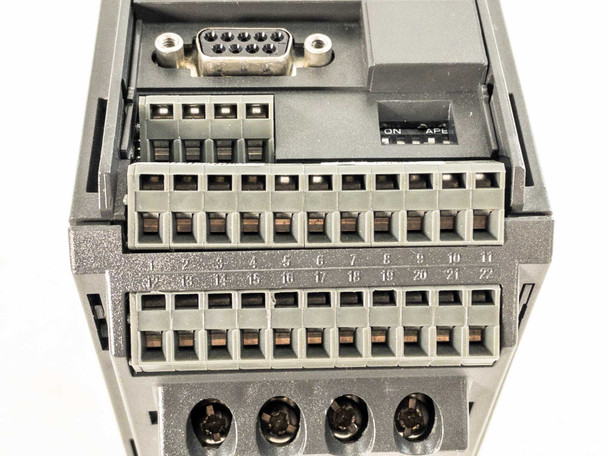 Siemens 6SE3211-4DA40 Micromaster Vector Drive – rear view showing DB9 serial connector, numbered screw terminal block (terminals 1–22), and ON/APL DIP switch
