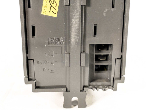 Siemens 6SE3211-4DA40 Micromaster Vector Drive – bottom view showing braking resistor terminal connections (B+, B/DC+, DC-) and DIN rail mounting clip