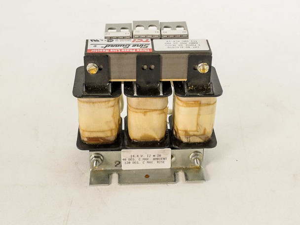 TCI Sine Guard KLR2ATB three phase line reactor – front view showing three wound coil cores and bottom rating plate reading 14.4V IZ 2A, 40 Deg C max ambient, 120 Deg C max rise