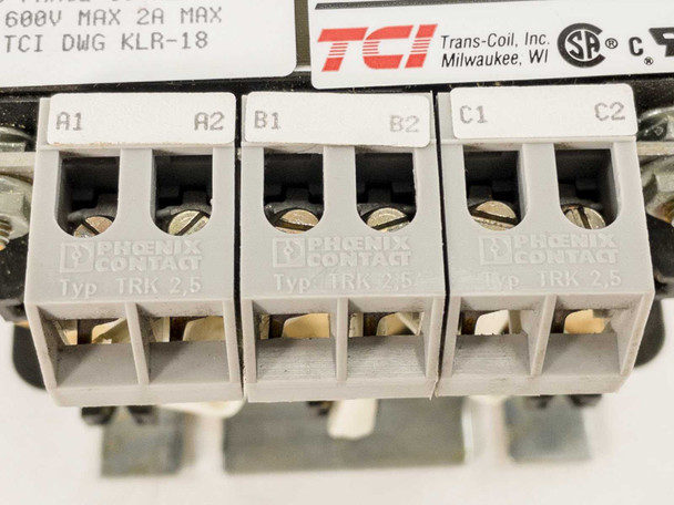 TCI Sine Guard KLR2ATB – close-up of Phoenix Contact Typ 1RK 2.5 screw terminals labeled A1, A2, B1, B2, C1, C2 with Trans-Coil Milwaukee WI label