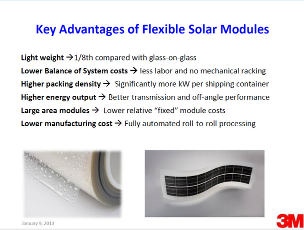 Key advantages of flexible solar modules slide — lightweight, high packing density, roll-to-roll processing