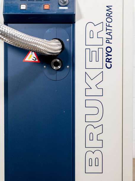 Bruker Cryo Platform Z49290 ECL 02 – close-up of front door showing transfer line bulkhead fitting and caution warning label