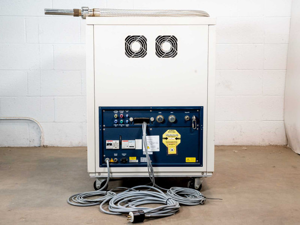 Bruker Cryo Platform Z49290 ECL 02 – rear panel view showing blue control/power panel, two cooling fans, and multiple gray cables on floor