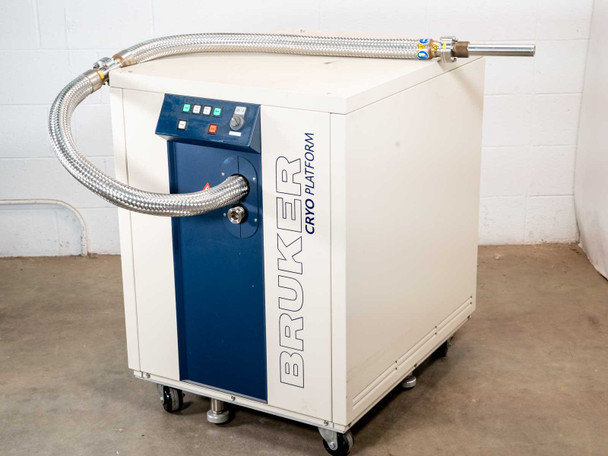Bruker Cryo Platform Z49290 ECL 02 Cryo Cooling Unit 2M – right front three-quarter view showing flexible transfer line and front control panel