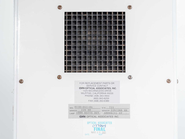 OAI 0130-041-04 – rear panel data label showing model 0130-041-04, mirror 220nm, sensor 220/260nm, lamp 1000W, and OAI Optical Associates Inc. contact information