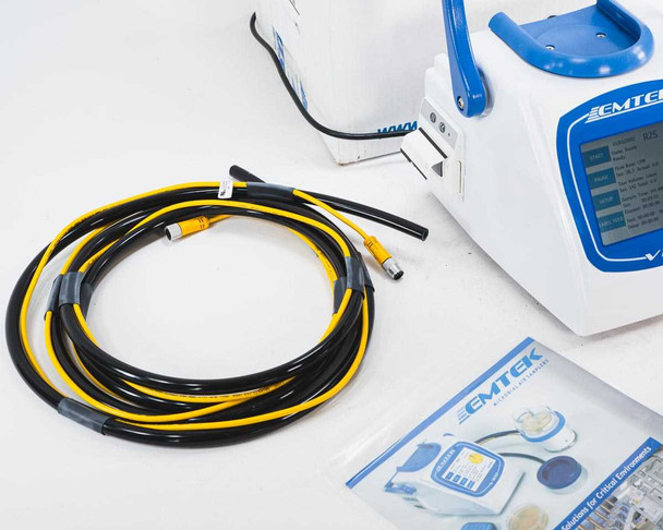 EMTEK V100 yellow and black sensor cable with circular connectors laid out next to sampler unit and EMTEK brochure