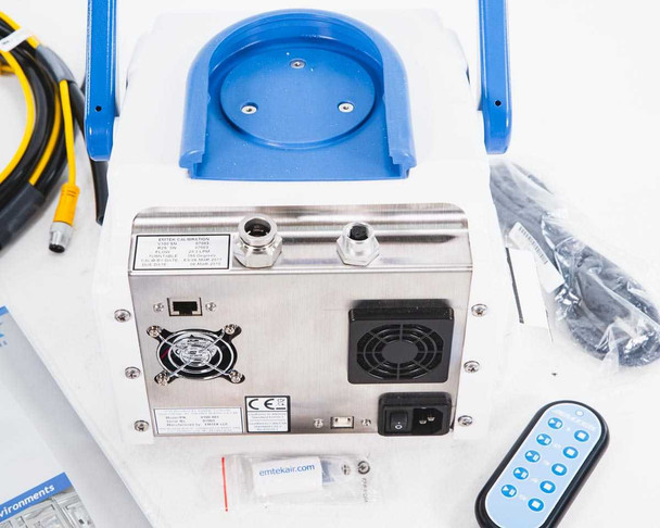 EMTEK V100 bottom/rear panel showing Ethernet RJ-45 port, two circular sensor connectors, cooling fan, CE mark, IEC power inlet, and power switch