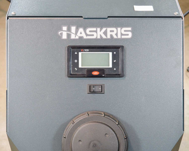Haskris LX3-A2 – close-up of front panel showing E-ico digital controller with LCD display, navigation buttons, power on/off rocker switch, and reservoir cap