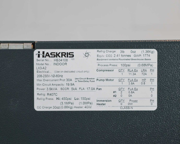 Haskris LX3-A2 rating plate showing model LX3-A2, serial HB34108, 208-230V 1-phase 60Hz, R407C refrigerant, compressor and pump motor electrical specs