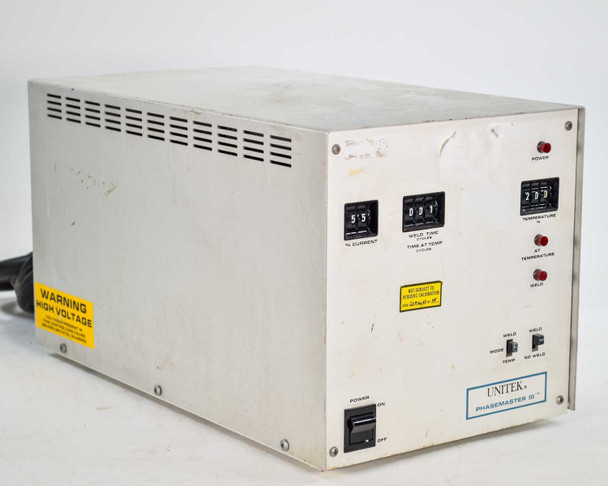 Unitek Miyachi Phasemaster III welding controller – three-quarter front view showing front panel controls and ventilation slots