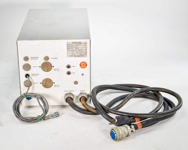 Unitek Miyachi Phasemaster III – rear/side panel showing pressure switch ports, pilot connectors, valve outputs, circuit breakers, power input, and attached welding cables with multi-pin ends