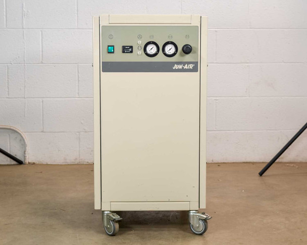 Jun-Air 2000-25M oil-free cabinet compressor – straight front view showing full cabinet and four caster wheels
