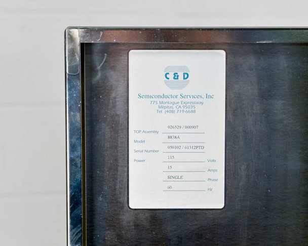C&D Semiconductor Services rating plate showing TOP Assembly 026529/000907, Model 8838A, Serial Number, Power 115V, 15 Amps, Single Phase, 60 Hz