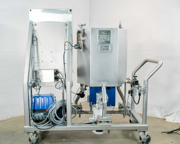 ASI imPULSE mixer left-side view on mobile cart — insulated tank, Allen-Bradley power supply housing, tubing manifold, and casters