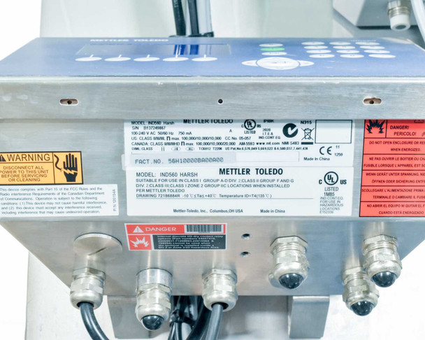 Mettler Toledo IND560 HARSH scale indicator label — model, Class I/II/III rating, CE mark, Made in China, with conduit fittings below
