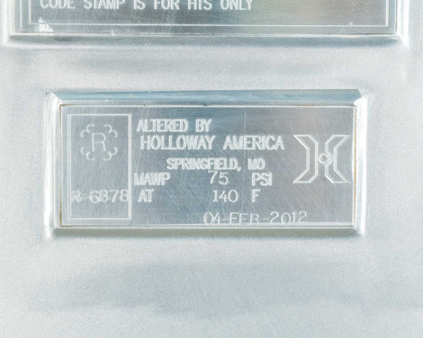 Secondary Holloway America nameplate — altered R-6878, MAWP 75 PSI at 140°F, dated 04-FEB-2012