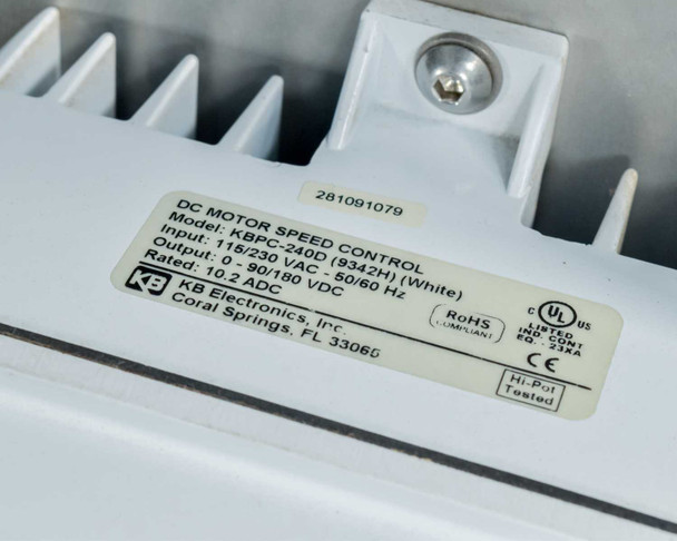 KB Electronics KBPC-240D (9342H) DC motor speed control label — input 115/230 VAC 50/60 Hz, output 0–90/180 VDC, 10.2 ADC rated, UL/CE/RoHS, Coral Springs FL