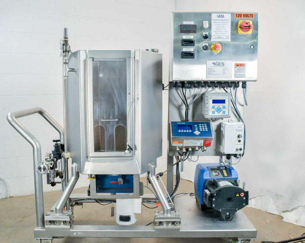 ASI Thermo Scientific imPULSE 100L bioprocess single-use mixer full system front view on mobile cart with GES control panel, Polestar DSP4000, and Watson Marlow 720U pump visible