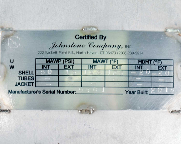 Johnstone Company pressure vessel certification plate showing MAWP shell INT 50 PSI / EXT 15 PSI, manufacturer serial number 9501, year built 2016
