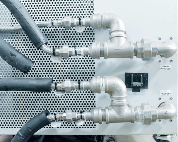 Chiller rear process connection panel showing stainless steel MNPT pipe fittings and hose connections labeled FROM PROCESS and TO PROCESS