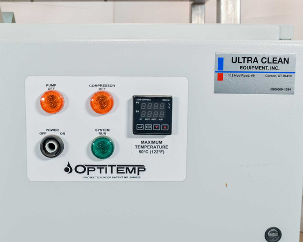 Opti Temp chiller front control panel showing Pump Off, Compressor Off indicator lights, Power On/Off switch, System Run indicator, digital temperature controller, and Maximum Temperature 50°C / 122°F label