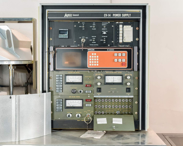 Airco Temescal CV-14 Power Supply front panel with Inficon IC6000 deposition controller mounted below in rack