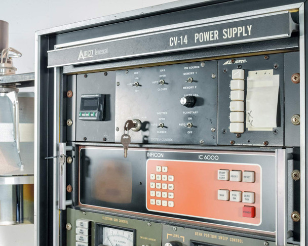 Close-up of Airco Temescal CV-14 Power Supply header and Inficon IC6000 keypad controller with IonTech controls below