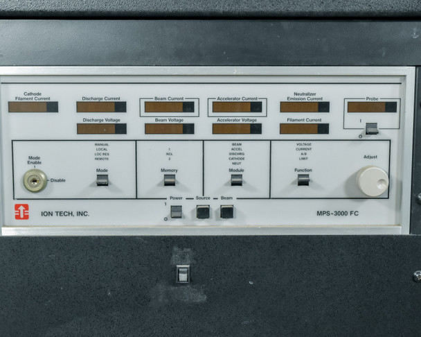 IonTech Inc. MPS-3000FC ion gun power source front panel — filament current, discharge, beam, accelerator, and neutralizer emission current meters visible
