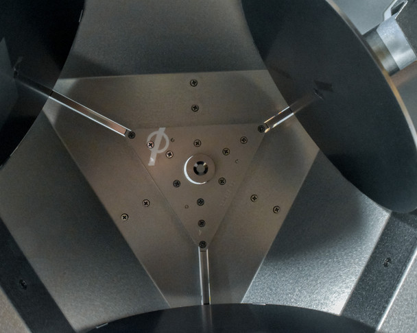 Interior view of CHA Industries SEC-600 planetary substrate holder — triangular aluminum substrate platen with mounting hardware