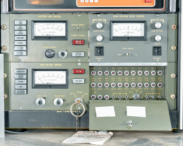 CHA Industries SEC-600 electron gun control and beam position sweep control panel — DC ampere meters, high voltage control, and CB array visible