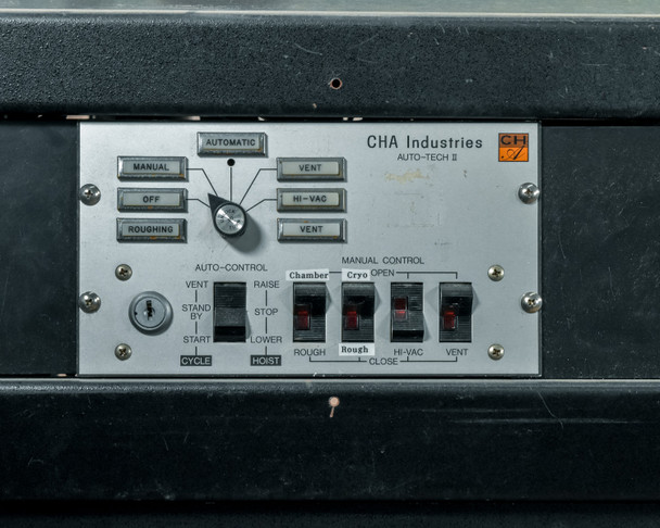 CHA Industries Auto-Tech II controller panel — automatic/manual/off/roughing mode selector, vent, hi-vac, hoist raise/stop/lower controls, cryo open/close and rough/hi-vac/vent manual switches