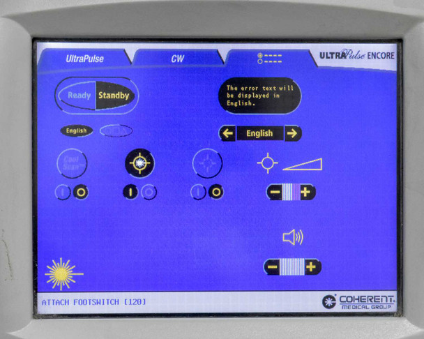 Lumenis UltraPulse Encore touchscreen showing main control UI in Standby mode with UltraPulse and CW tabs, language selector, and Coherent Medical Group branding