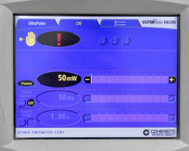 Lumenis UltraPulse Encore touchscreen CW mode showing error/fault indicator, Power set to 50 mW, Timed Exposure 10 ms, Repeat Delay 1.00s – footswitch prompt displayed