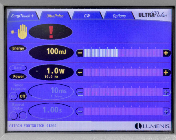 Lumenis UltraPulse Encore-OR touchscreen — UltraPulse mode parameter screen showing Energy at 100mJ, Rate/Power at 1.0W / 10.0Hz, Timed Exposure 10ms, Repeat Delay 1.00s