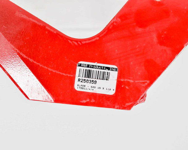 R&R Products R250359 sod blade — close-up of R&R Products label showing part number R250359 and blade dimensions