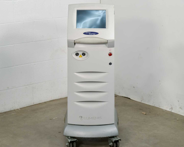 Lumenis Novus Varia Multicolor Photocoagulation Laser System – front view showing touchscreen display, laser warning indicator, and red emergency stop button on white floor console with casters