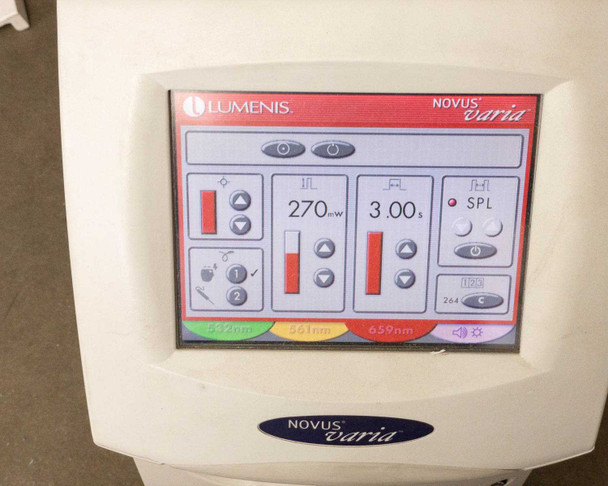 Lumenis Novus Varia touchscreen displaying active treatment parameter screen showing 270mW power, 3.00s duration, and wavelength channels at 659nm, 561nm, and 659nm with SPL mode indicator