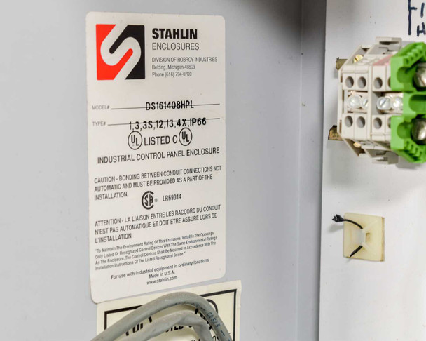 Stahlin Enclosures DS161408HPL label showing NEMA types 1, 3, 3S, 12, 13, 4X, IP66, UL Listed, and CSA certification