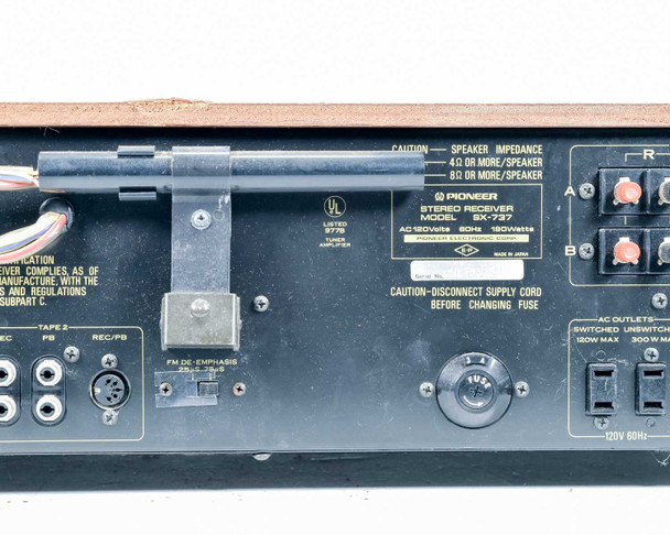 Pioneer SX-737 rear panel left section – Tape 2 RCA and DIN connectors, FM de-emphasis switch, and partial view of rating plate