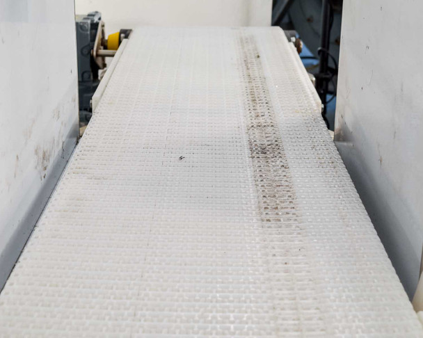 Close-up of CEIA THS/MS21 white modular plastic conveyor belt showing surface soiling and discoloration from use in food processing environment