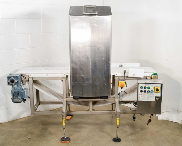 CEIA THS/MS21 multi-spectrum metal detector — straight front view of complete stainless steel conveyor system with detector aperture and right-side control panel