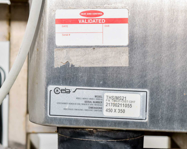CEIA THS/MS21 data plate showing model THS/MS21, part number TMS21-CUST-C017, serial number 21700211055, dimensions 450 x 350 — with Heat and Control VALIDATED sticker above