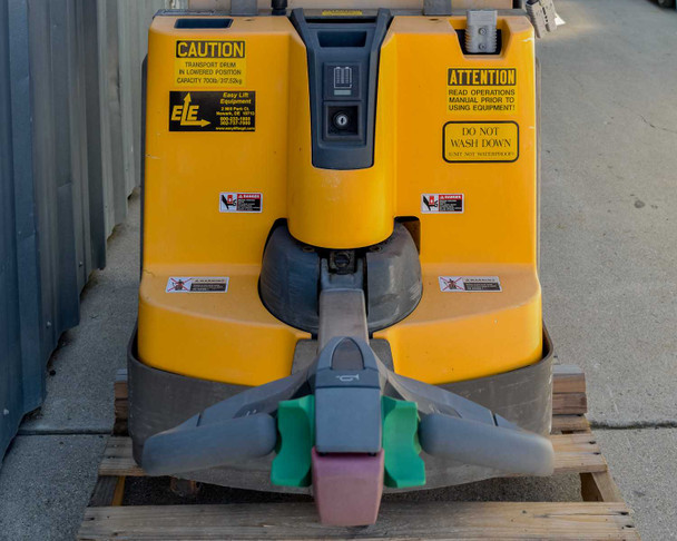 Easy Lift Equipment RCR70048LRCRSP-S – front view of yellow walkie drive unit showing caution labels and tiller arm