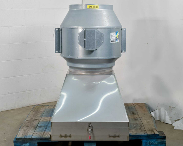 Fantech FKD 16XL inline duct fan on filter hood – front view with latch visible on hood base