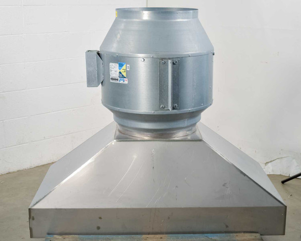 Fantech FKD 16XL mixed flow inline duct fan on filter hood – rear three-quarter view showing overall assembly